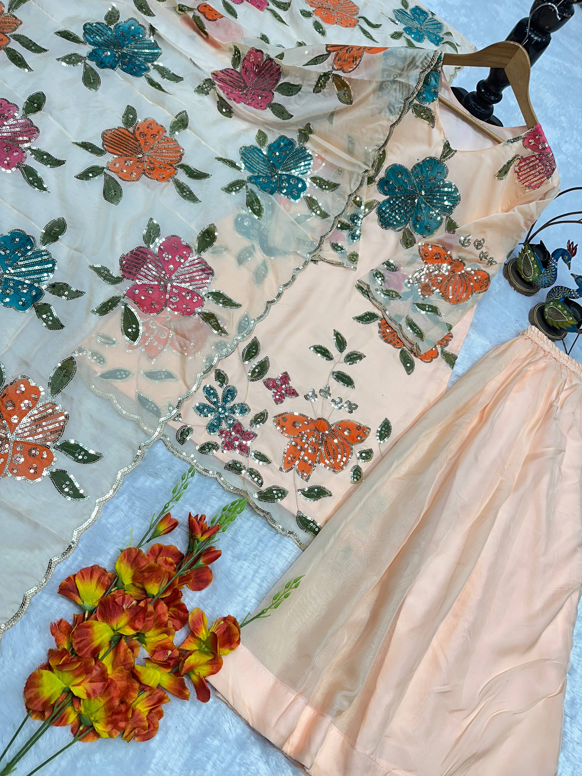 Urban Cream Pastel-Embroidered Sharara Set